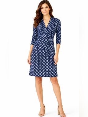 J. McLaughlin Blythe Faux Wrap Navy and Baby Blue Geometric Pattern Dress